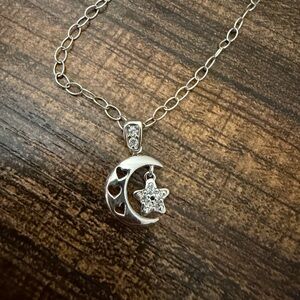 14KT Solid White Gold Crescent Moon Star Celestial Pendant with Heart Accent